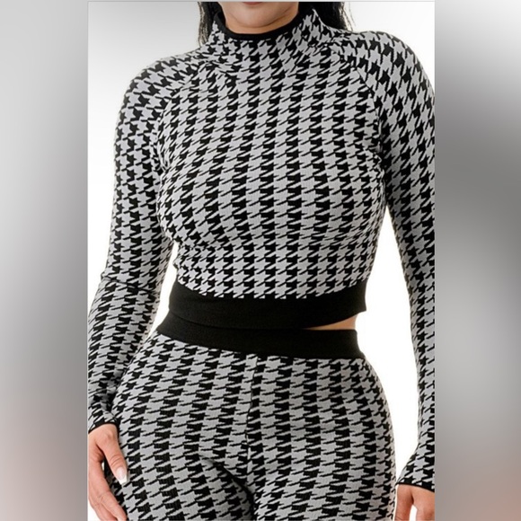 Gray/Black Houndstooth Soft Knit Casual Set Turtleneck Top/Pants Long Sleeve - Picture 3 of 8